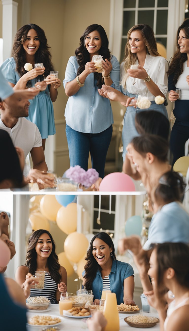 A group of coed baby shower guests playing fun couple shower games and sharing baby mama ideas