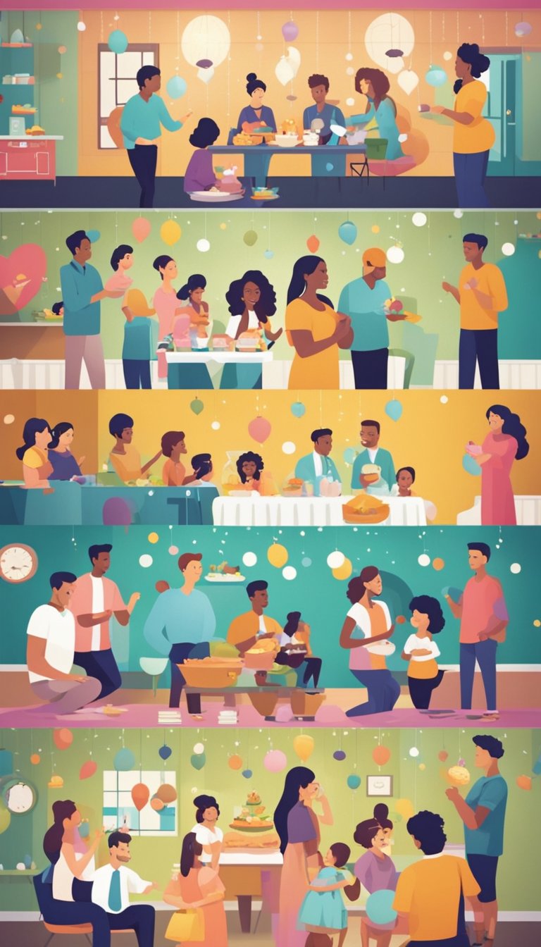 A lively coed baby shower with couples playing fun games and sharing parenting trivia. Colorful decorations and a festive atmosphere fill the room