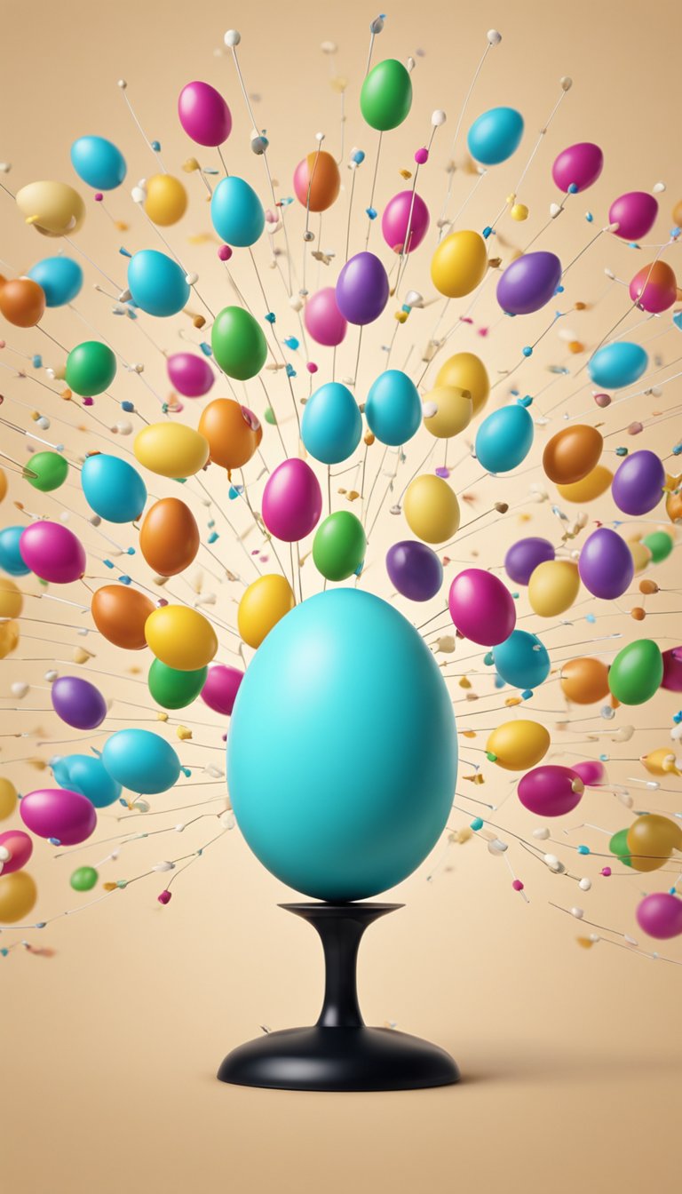 A colorful poster of an egg with a large, blank space in the center. Several cartoon sperm with pins in hand are attempting to stick one onto the egg