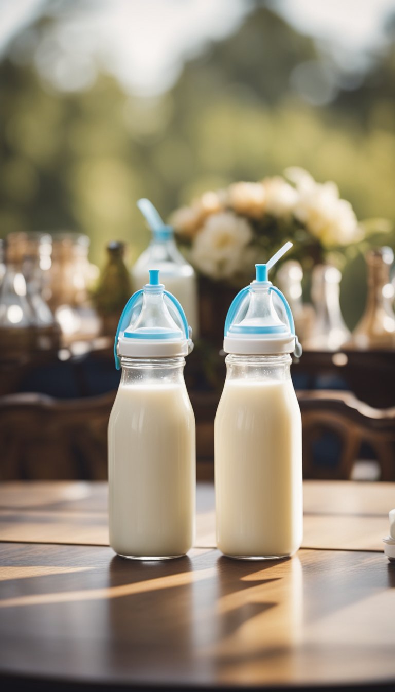Two baby bottles filled with milk, positioned side by side on a table, surrounded by cheering friends and family at a coed baby shower