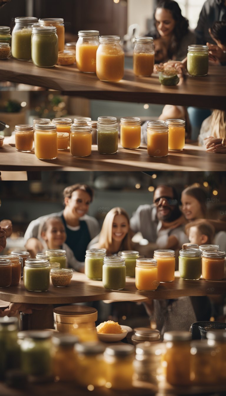 A group of friends and family gather around a table filled with jars of baby food, taking turns blindfolded and guessing the flavors in a lively and fun atmosphere