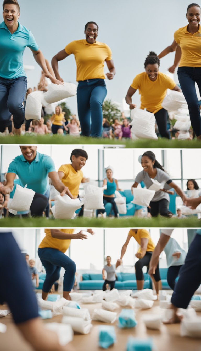 A group of people participate in a diaper relay race, passing diapers from one end to the other in a fun and competitive atmosphere