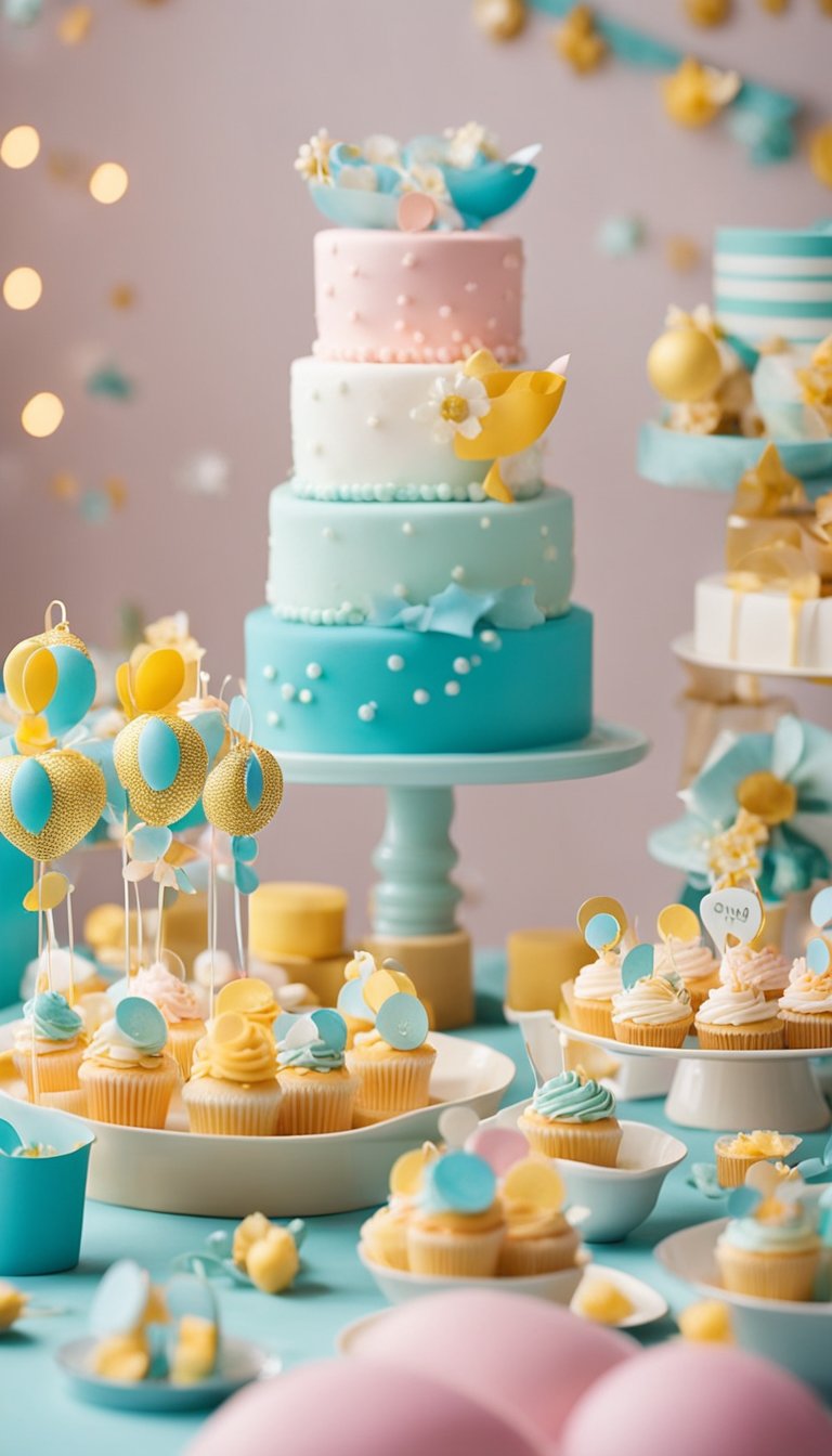 A colorful and festive baby shower scene with a mix of gender-neutral decorations, games, and activities for both men and women to enjoy together