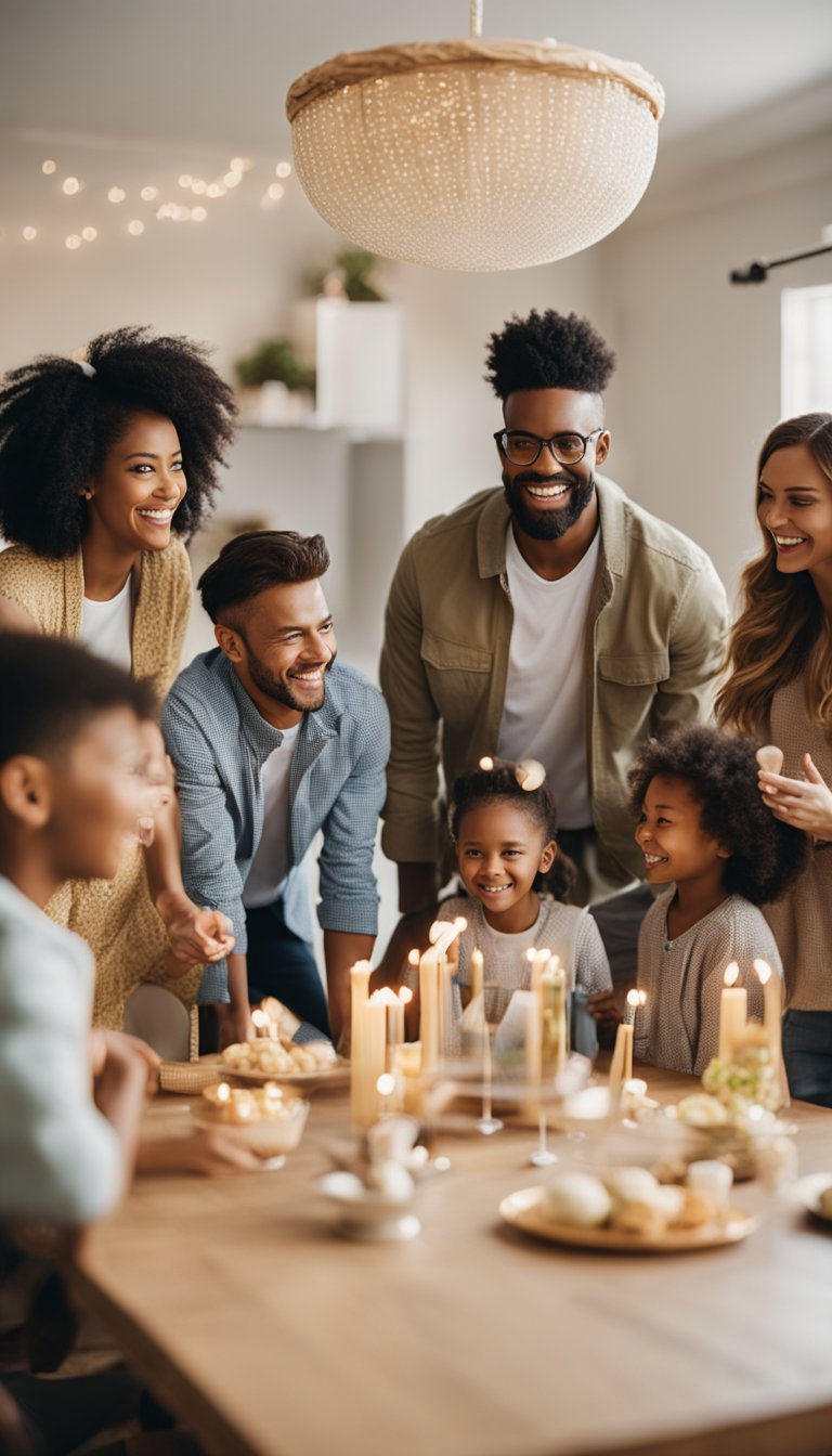 A group of friends and family gather in a bright, decorated room, playing lively and interactive games at a coed baby shower