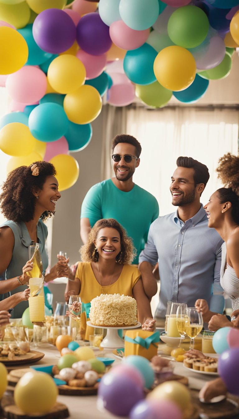 A lively coed baby shower with colorful decorations, balloons, and games. Laughter fills the air as couples mingle and enjoy the festive atmosphere