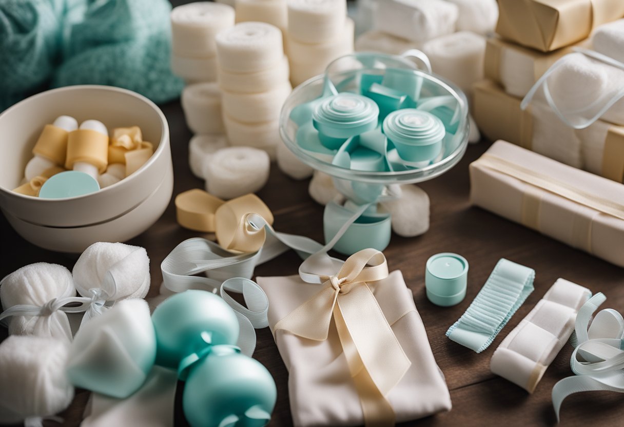 A table with diapers, ribbons, and baby items arranged for a tutorial