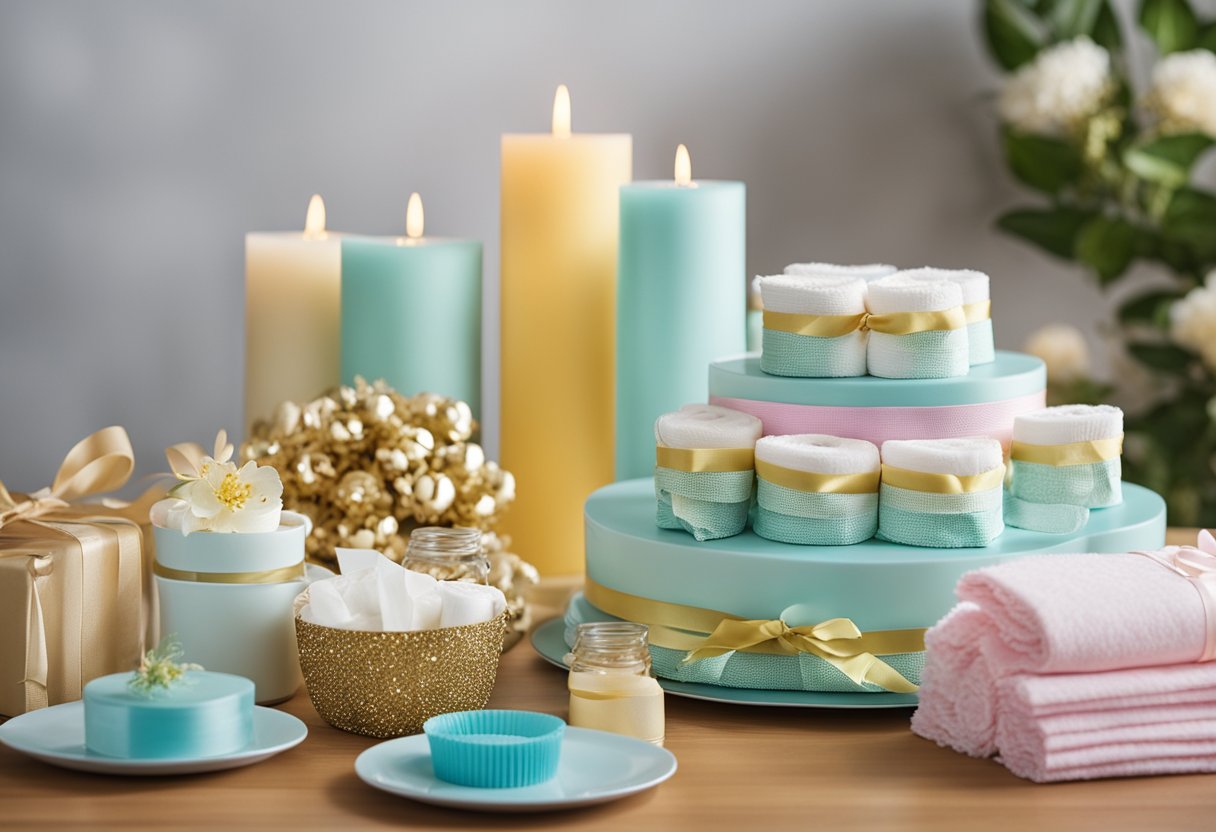 A table with diaper cake supplies: diapers, ribbons, and decorative accents