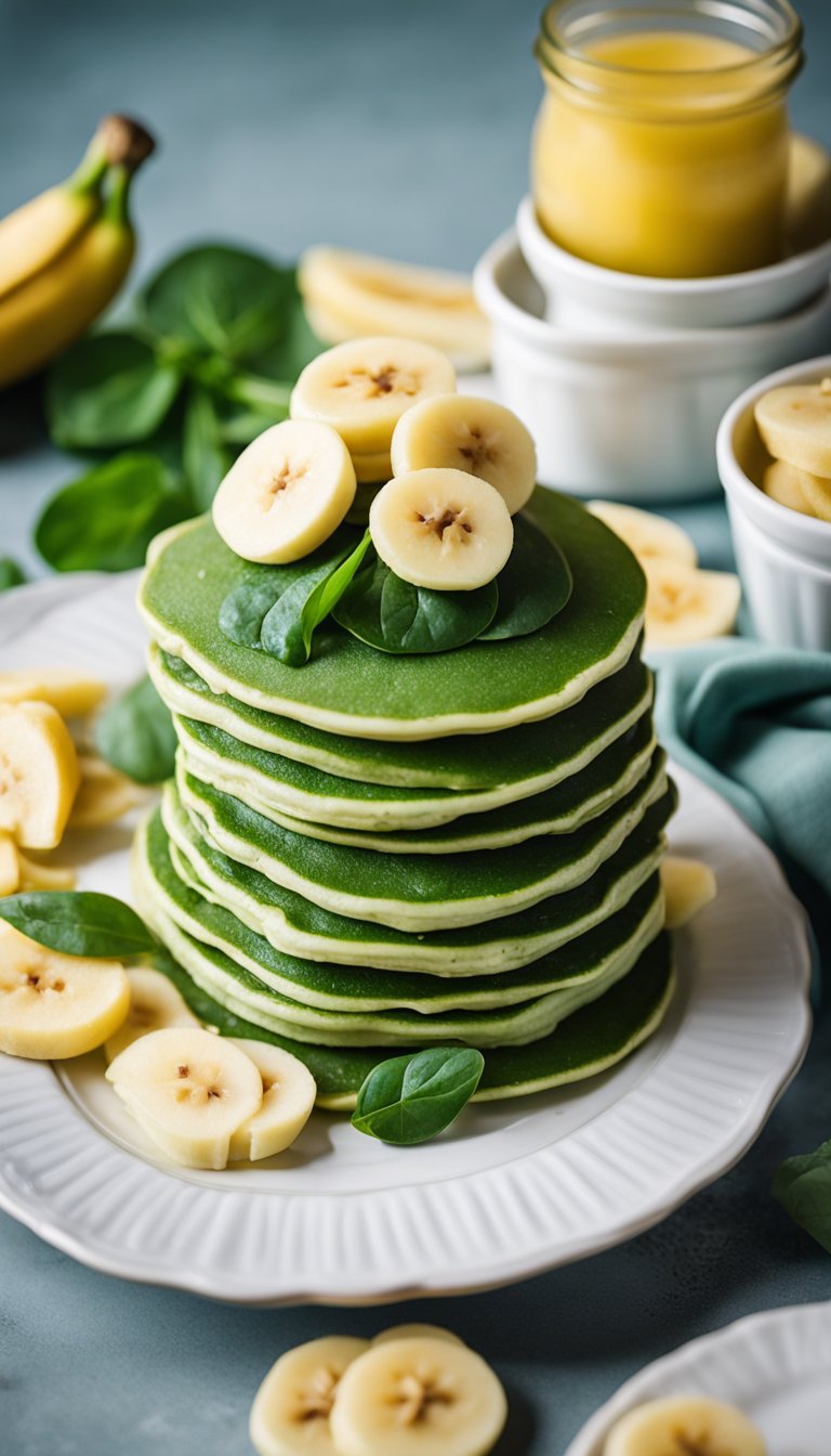 A stack of green pancakes topped with sliced bananas, surrounded by baby food jars and spinach leaves