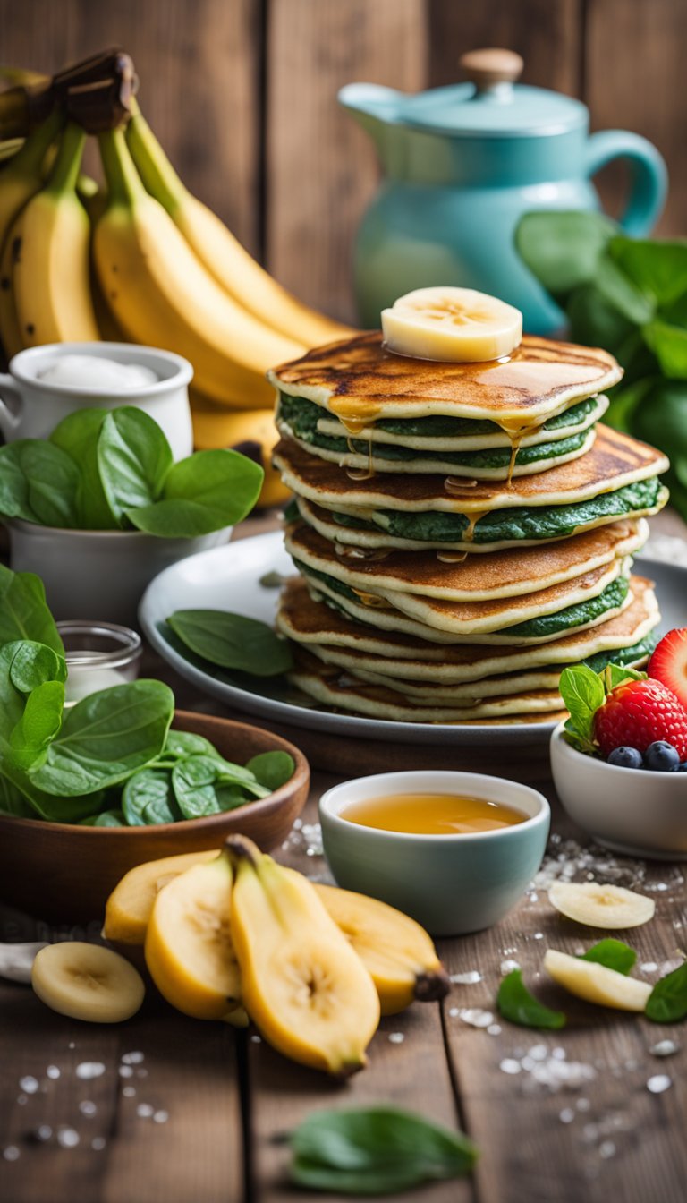 A colorful stack of banana spinach pancakes surrounded by fresh fruits and a drizzle of honey on a rustic wooden table