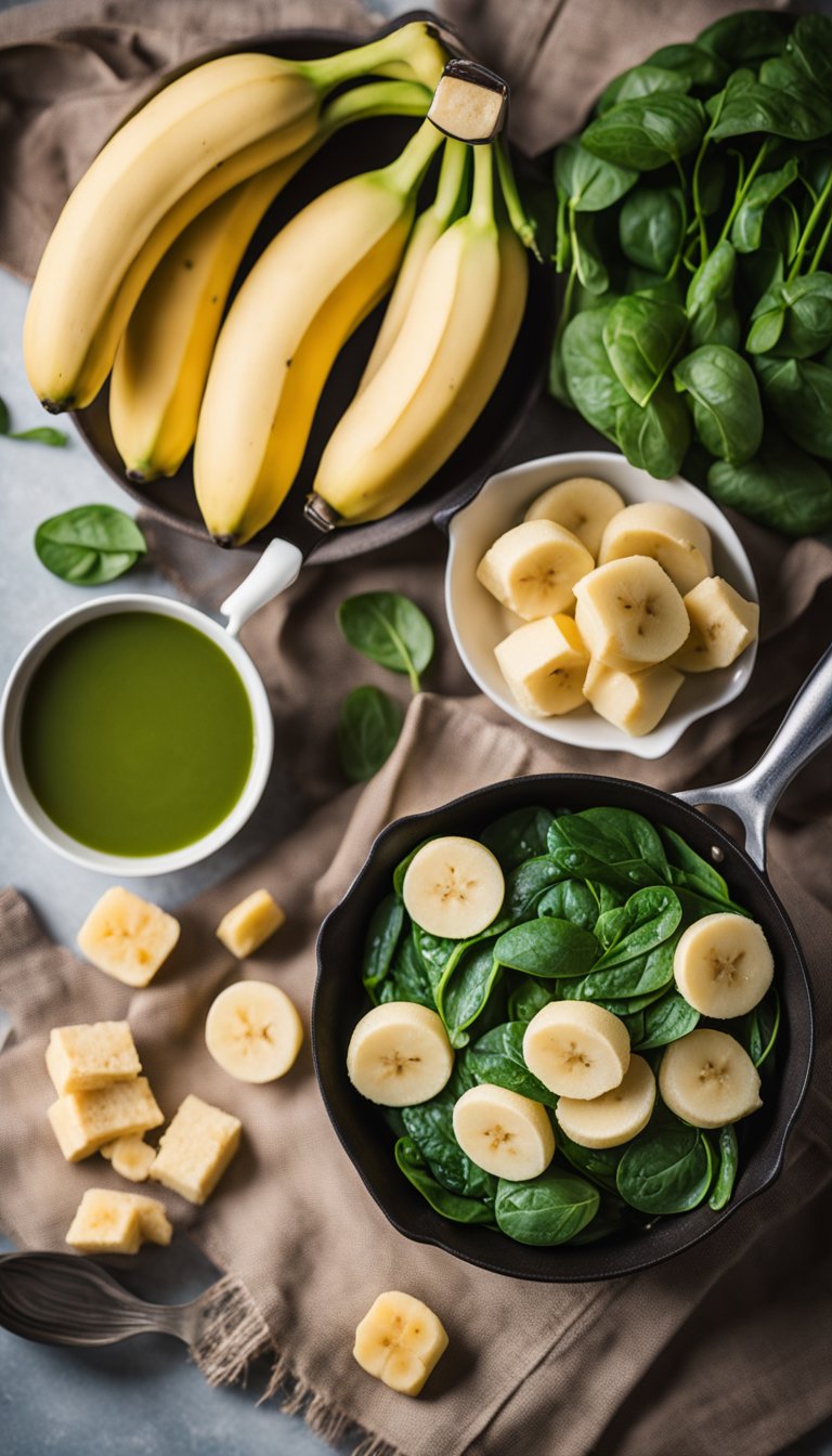 Fresh bananas, spinach leaves, and a mixing bowl on a kitchen counter. A skillet sizzling with pancake batter