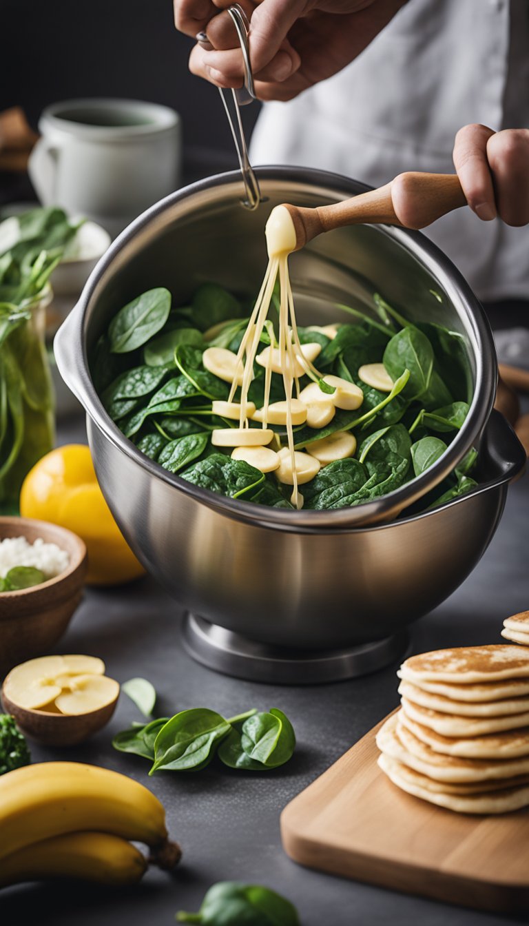 A mixing bowl with ripe bananas, fresh spinach, and pancake batter being blended together with a whisk