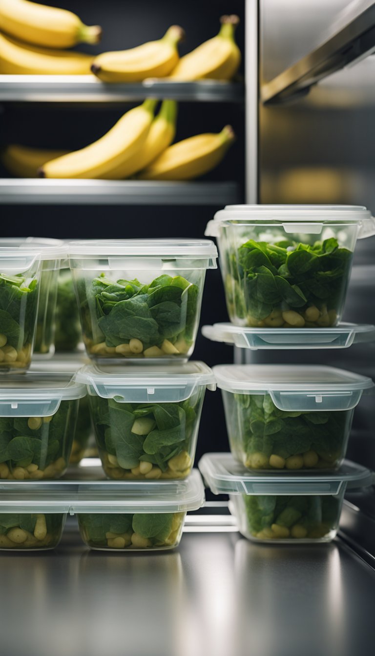A plate of banana spinach pancakes being stored in a sealed container in the refrigerator