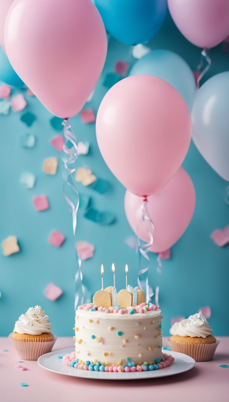 A table with a cake, balloons, confetti, and blue/pink decorations. A couple stands nearby, holding hands and smiling