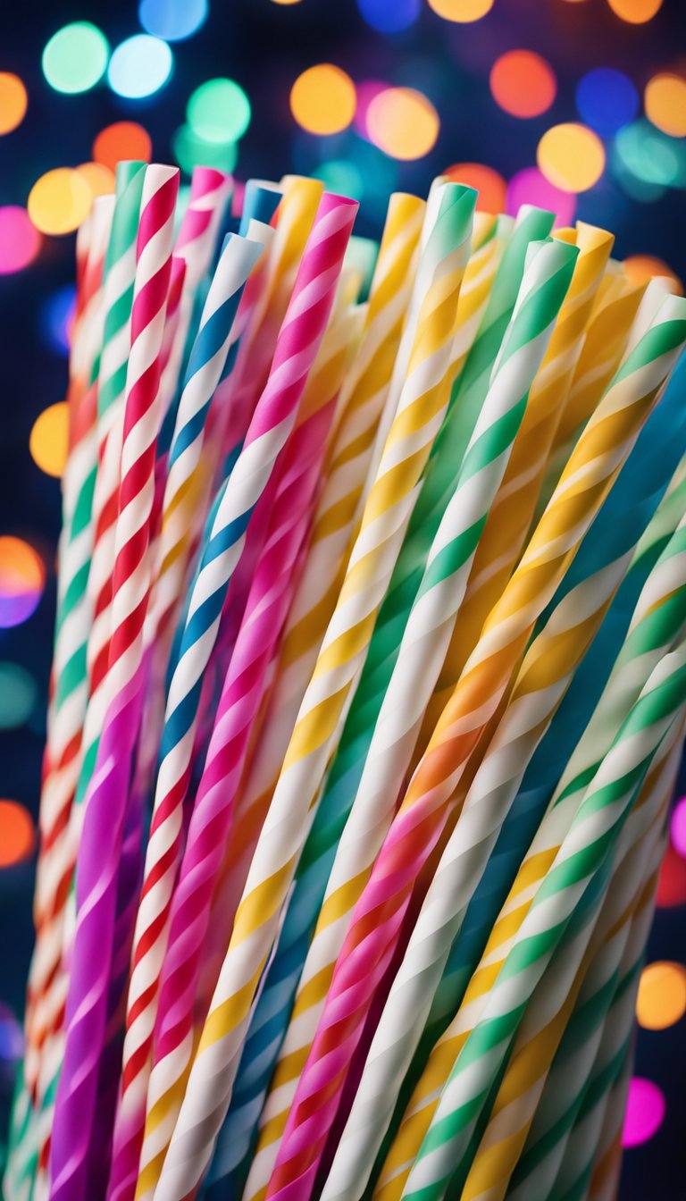 Color-changing straws arranged in a festive display, surrounded by gender-neutral party decorations