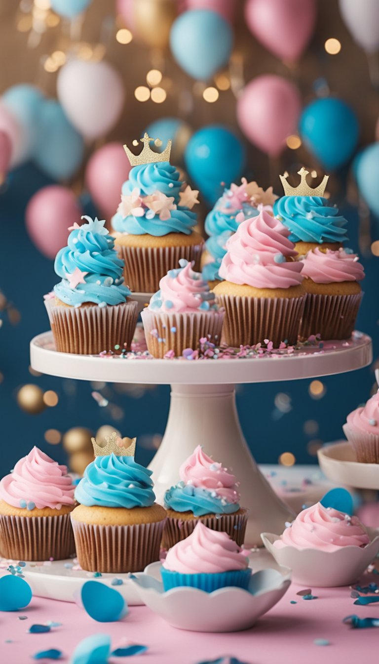 A table set with eight cupcakes, four pink and four blue, surrounded by decorative gender reveal props and confetti