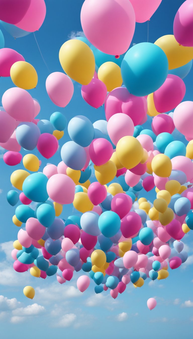 Colorful balloons released into the sky, some pink and some blue, creating a beautiful and festive gender reveal scene