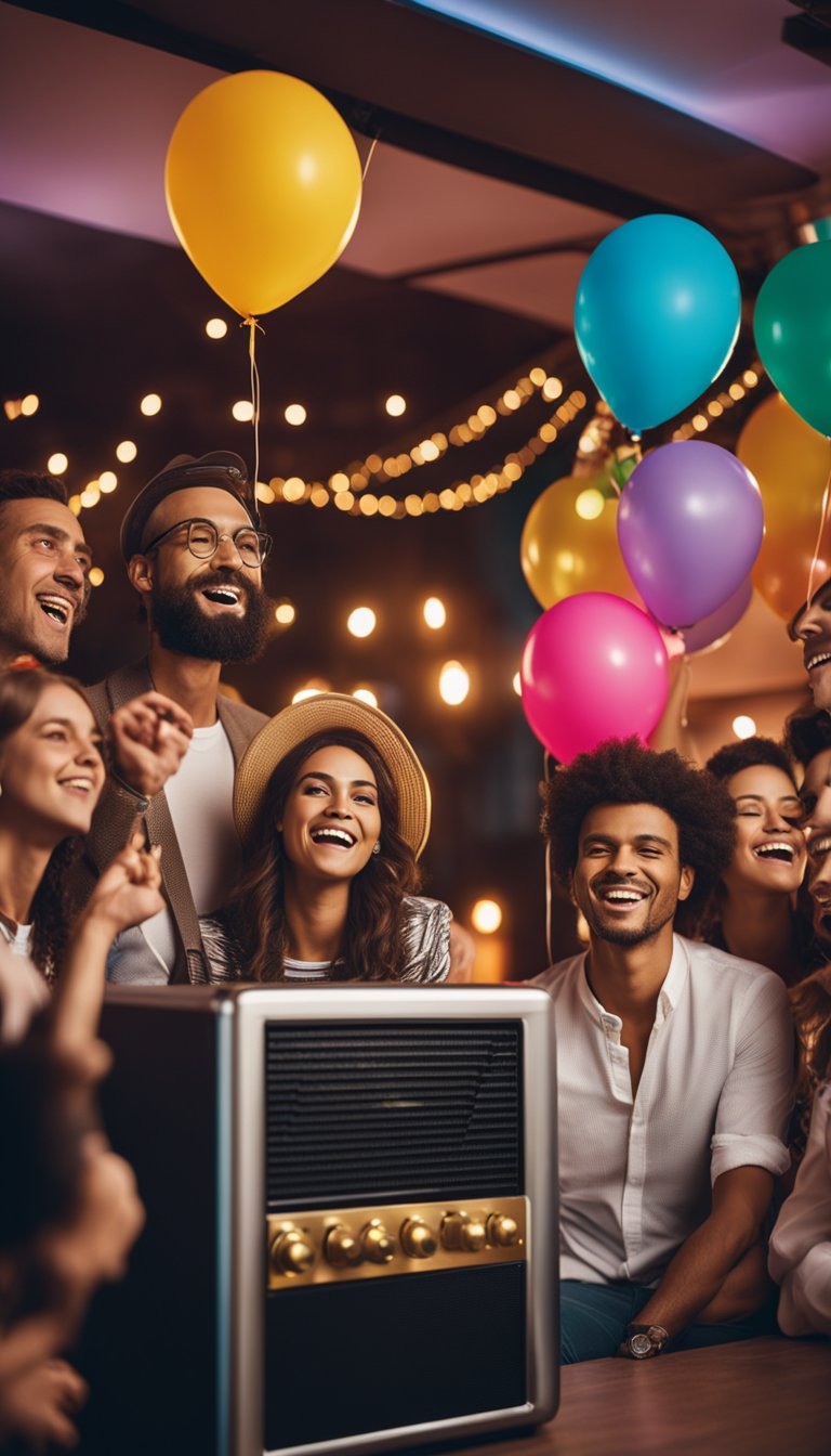 A group of people gathered around a karaoke machine, with colorful decorations and balloons in the background