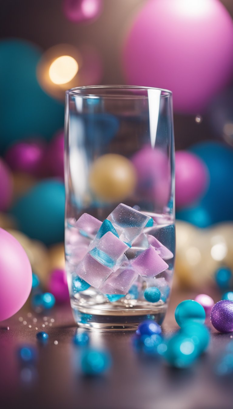 A clear glass of water with a mysterious packet floating inside, surrounded by gender reveal party decorations