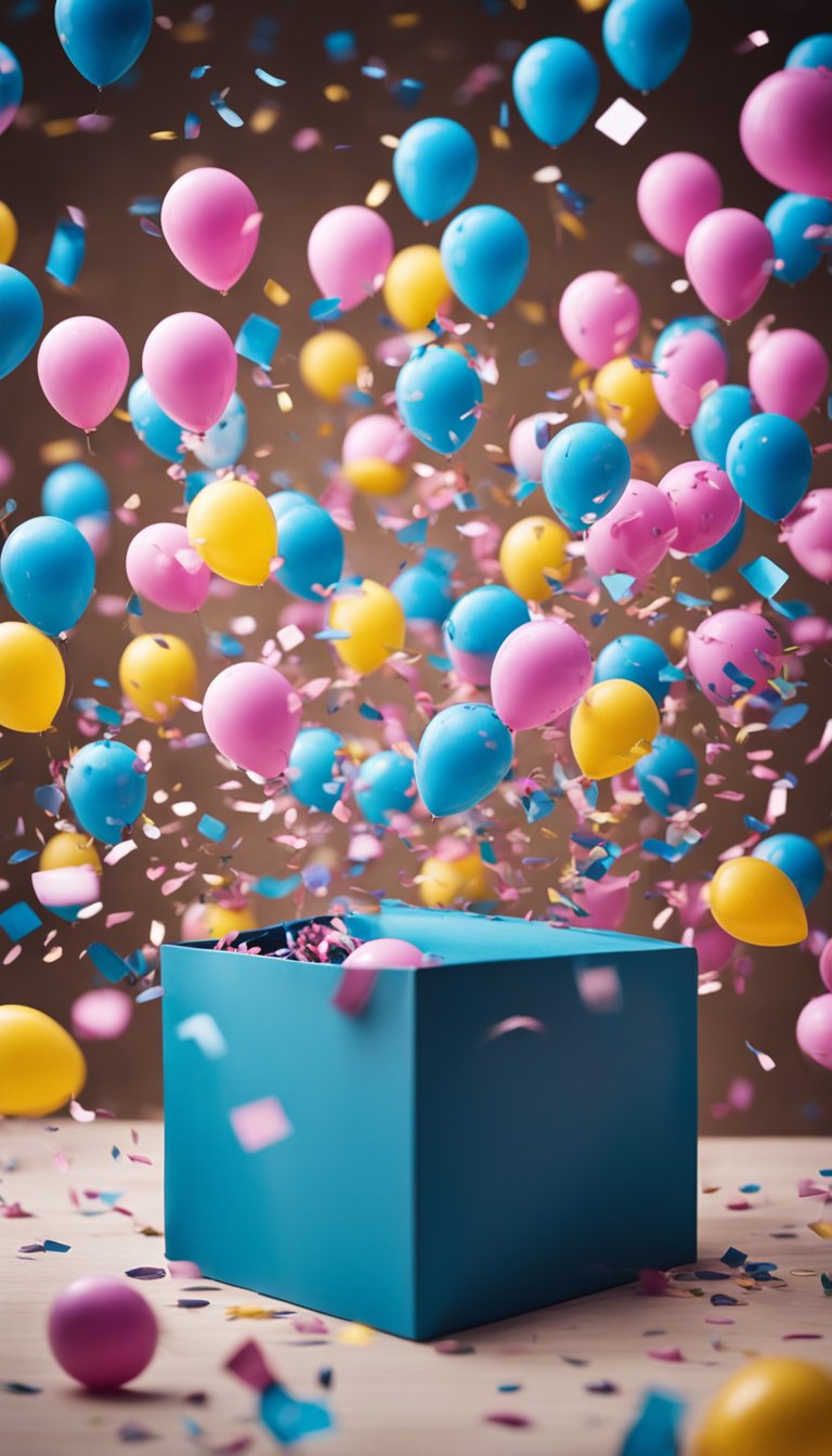 A group of colorful balloons bursting out of a box, revealing either blue or pink confetti, surrounded by excited onlookers