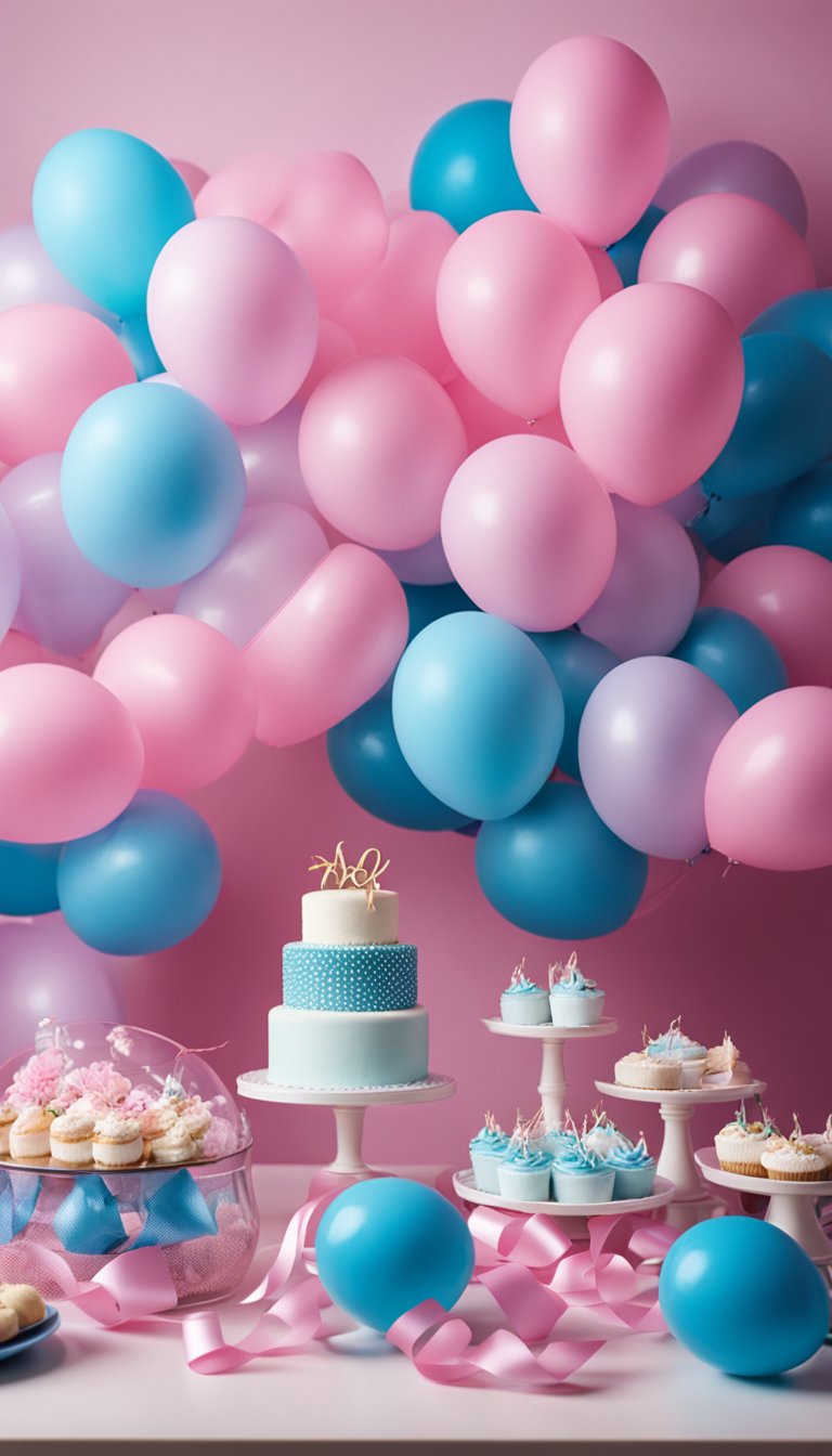 A table with pink and blue ribbons, balloons, and decorative items arranged for a last-minute gender reveal celebration