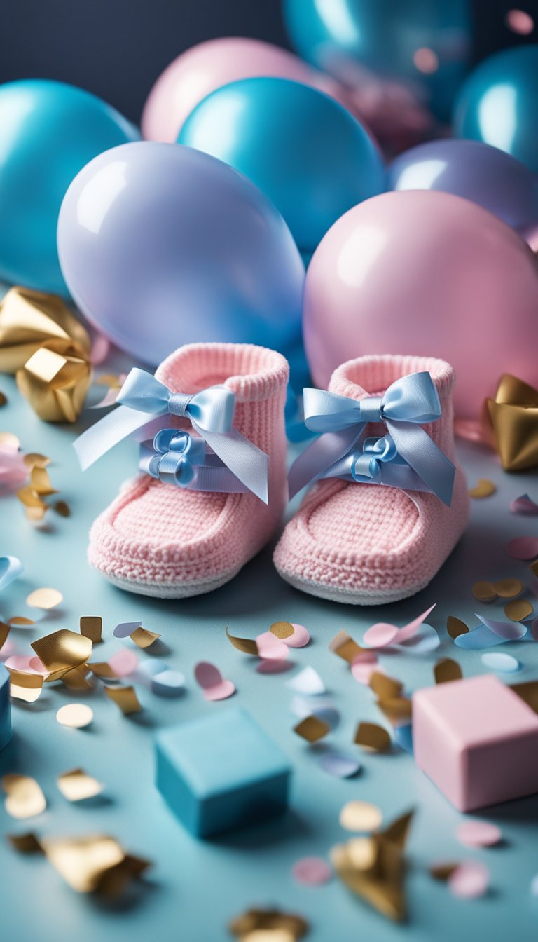 A pair of baby booties rests on a table, surrounded by balloons, confetti, and a small gift box. Blue and pink ribbons are intertwined, hinting at the gender reveal surprise