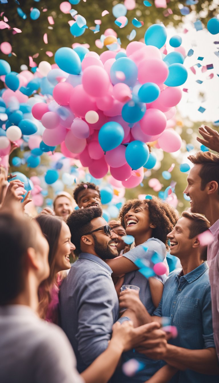 A colorful balloon bouquet bursting with pink and blue confetti, surrounded by excited friends and family