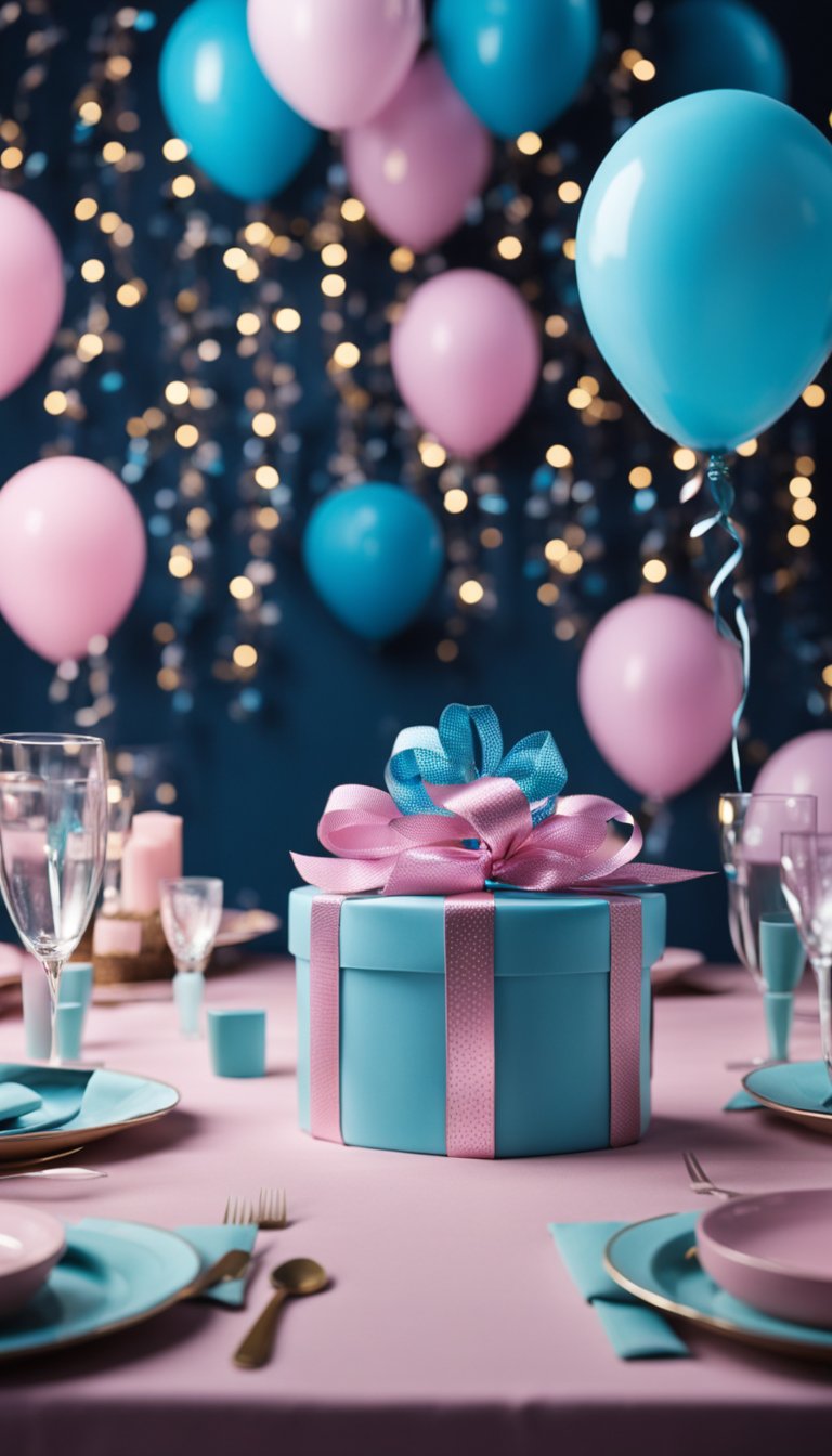 A table set with pink and blue decorations, surrounded by excited friends and family, with a large box or balloon ready to reveal the gender