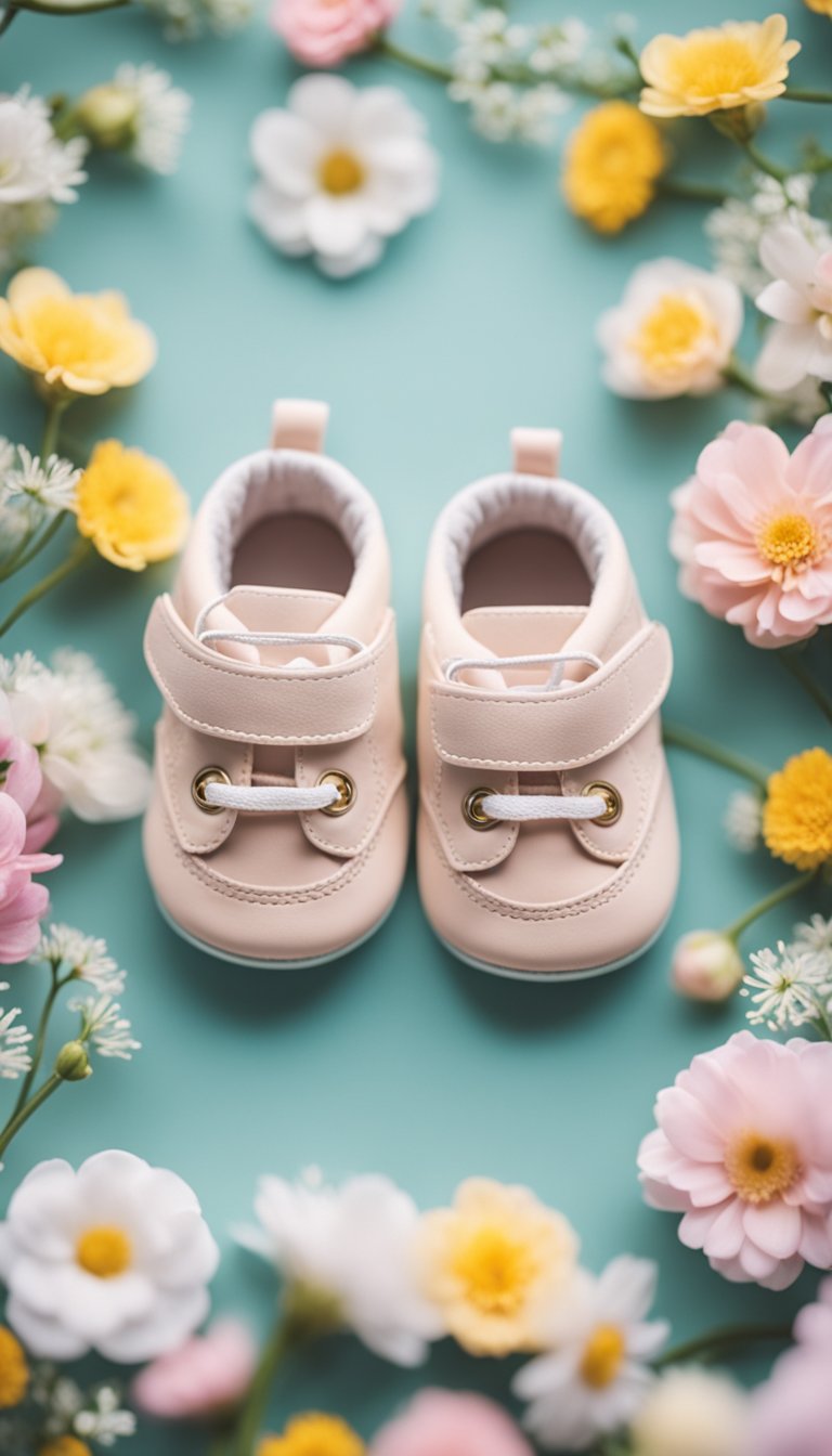 A pair of delicate baby shoes surrounded by blooming flowers and a soft, pastel color palette