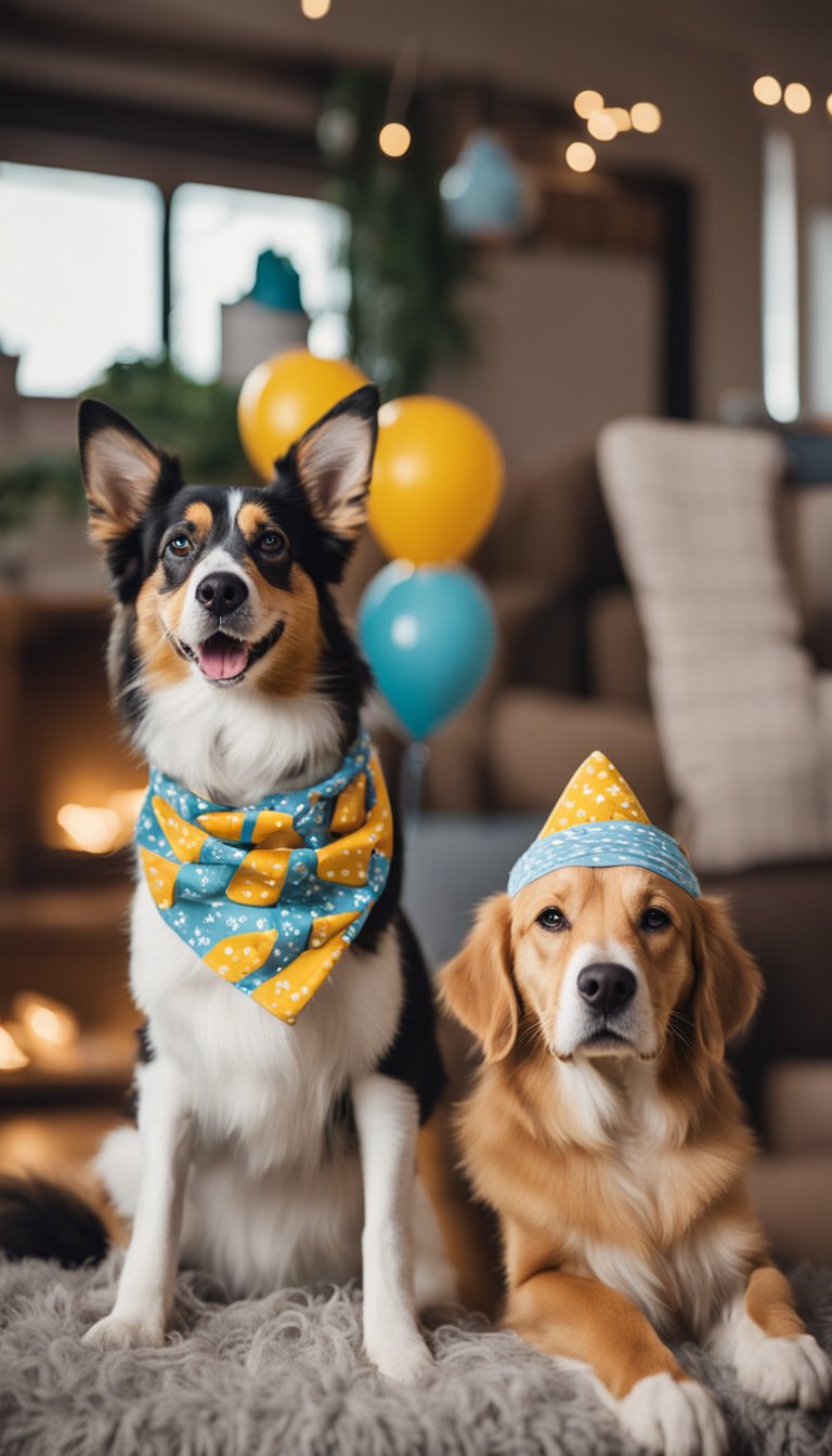 Pets wearing themed bandanas pose with baby-related props in a cozy, well-lit setting