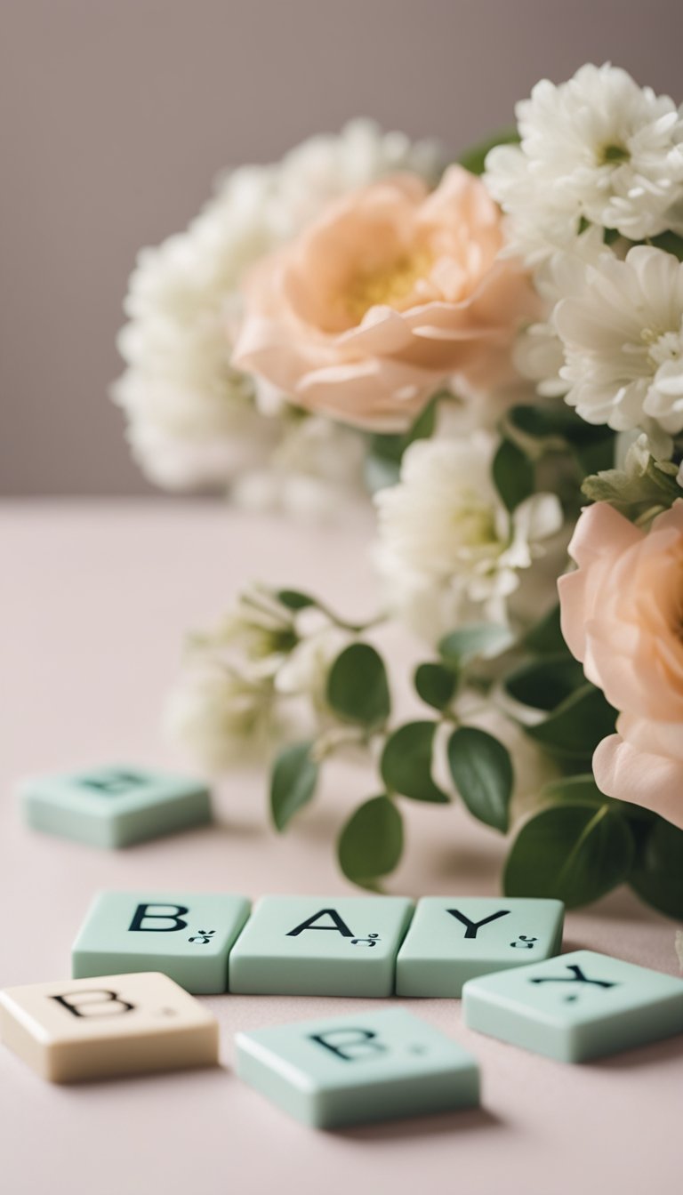 A close-up of Scrabble tiles spelling out "Baby" surrounded by soft pastel-colored baby items and a delicate floral arrangement