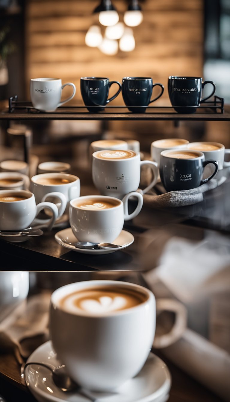A cozy coffee shop with a display of elegant, customized mugs featuring subtle hints of pregnancy, such as tiny baby shoes or a delicate ultrasound image