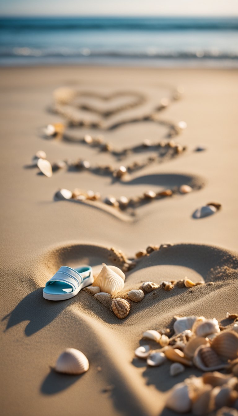 Footprints lead to a heart drawn in the sand, surrounded by seashells and a pair of baby sandals