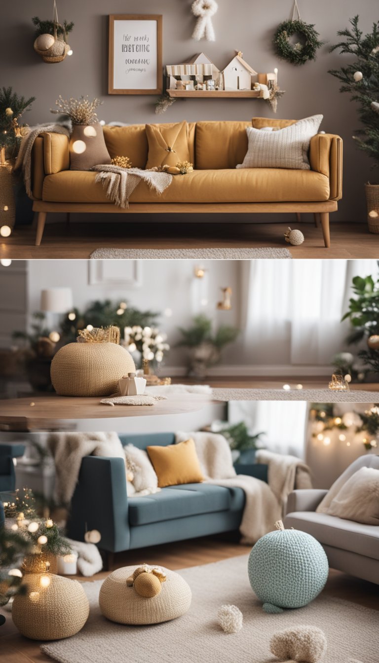 A cozy living room adorned with seasonal decorations and scattered baby accessories, creating a warm and inviting atmosphere for a pregnancy announcement illustration