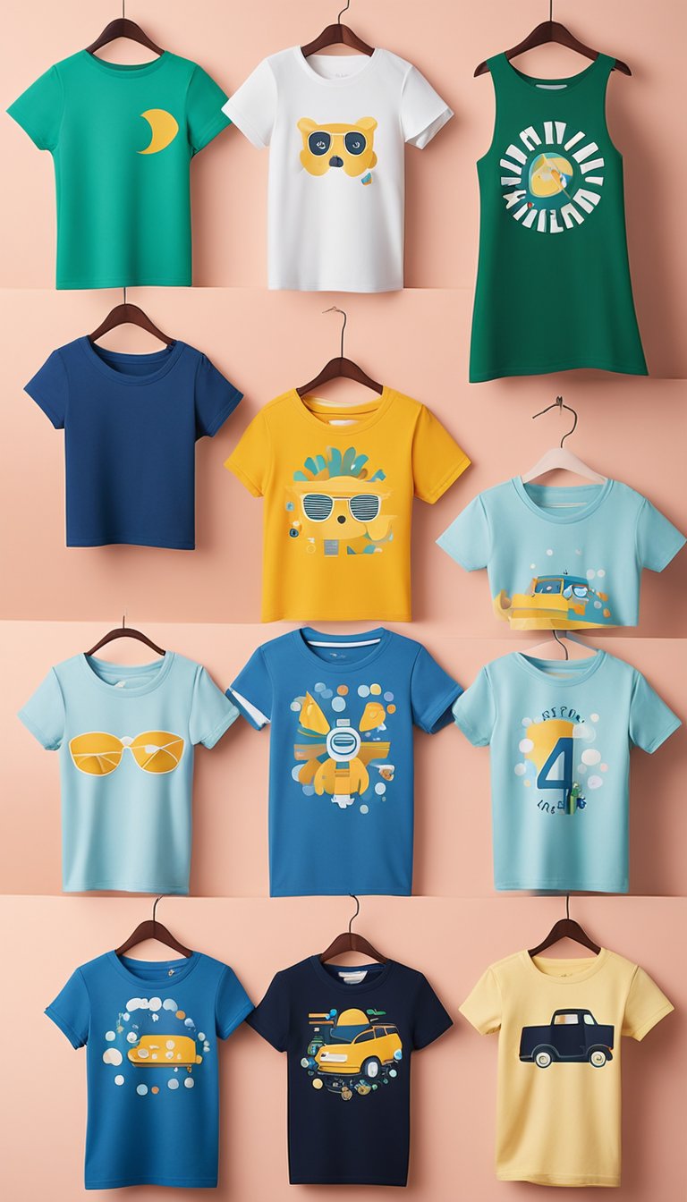 A family of four t-shirts arranged in a playful and stylish manner, with a focus on matching designs and colors