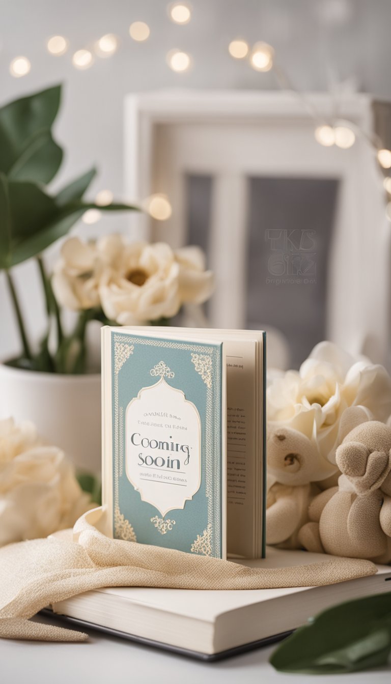 A baby book with a 'Coming Soon' title surrounded by elegant pregnancy announcement props and decor