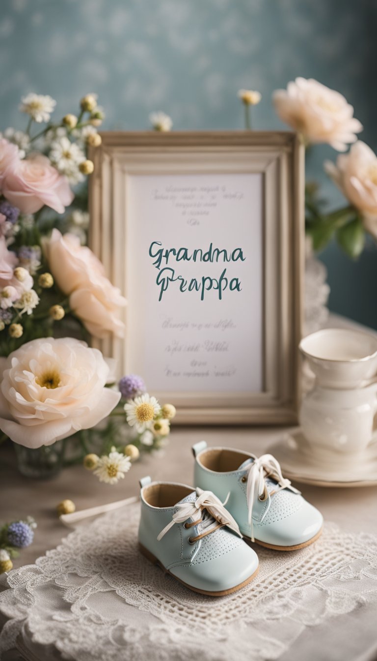 A vintage-inspired table with ultrasound photo, baby shoes, and a handwritten note addressed to "Grandma and Grandpa" surrounded by soft pastel flowers and delicate lace