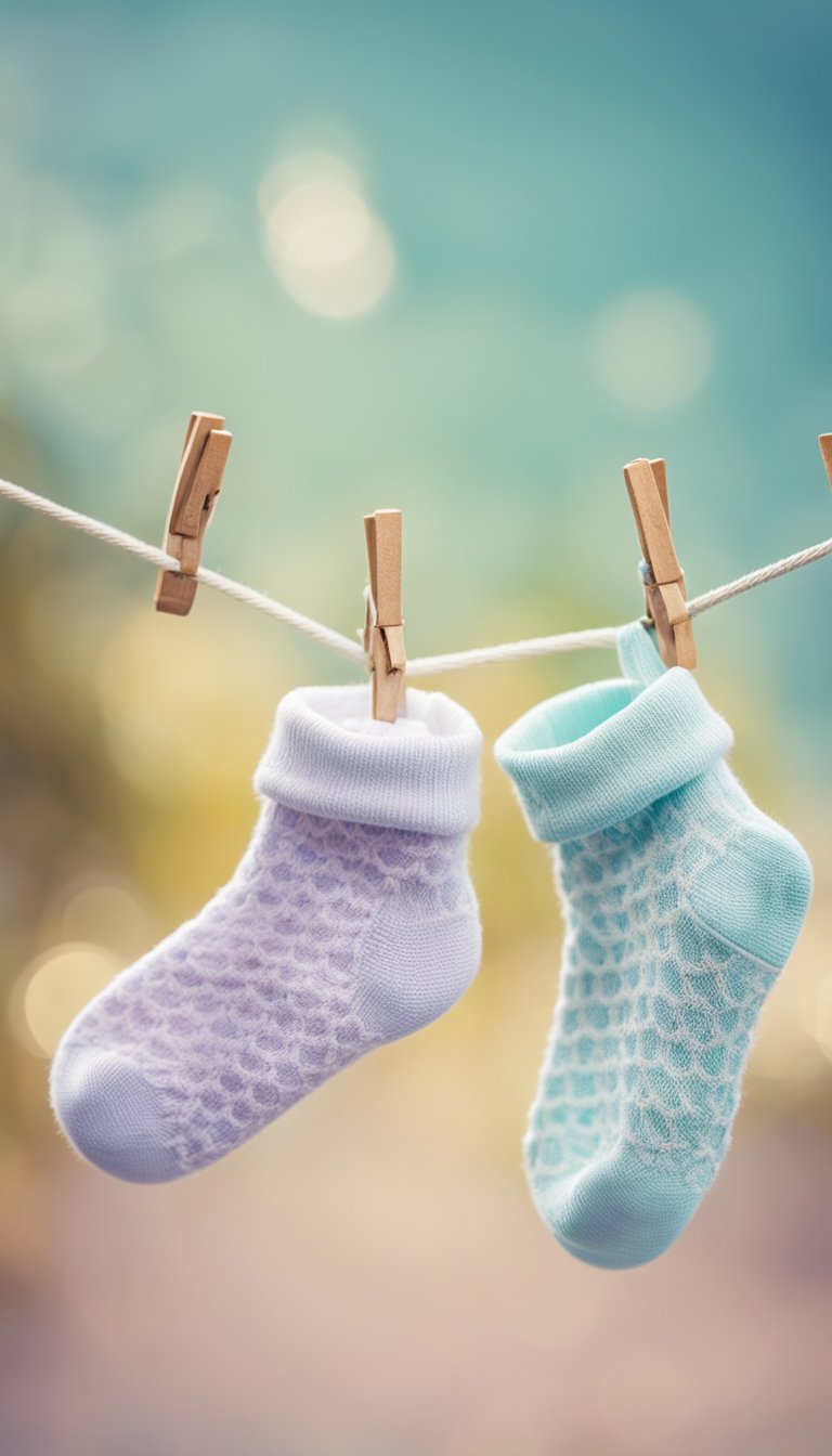 A pair of baby socks dangle from a clothesline against a soft, pastel background