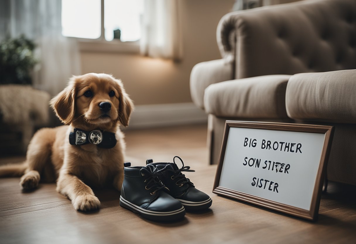 A dog sitting beside a pair of baby shoes and a sonogram photo, with a sign reading "Big Brother/Sister" in a cozy living room