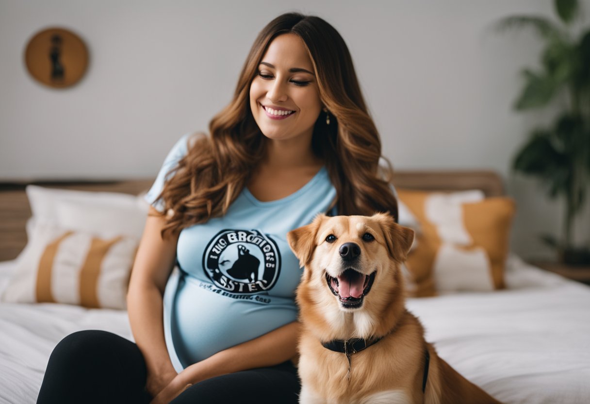 A dog wearing a 'Big Brother' or 'Big Sister' shirt, sitting beside a pregnant woman, with a heartwarming expression