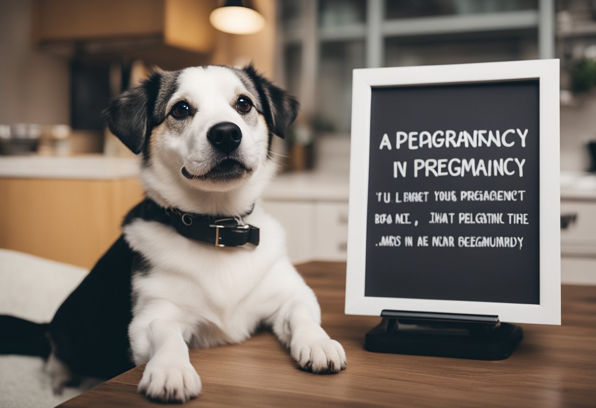 A dog sits next to a letter board with a funny phrase, announcing a pregnancy in a heartwarming scene