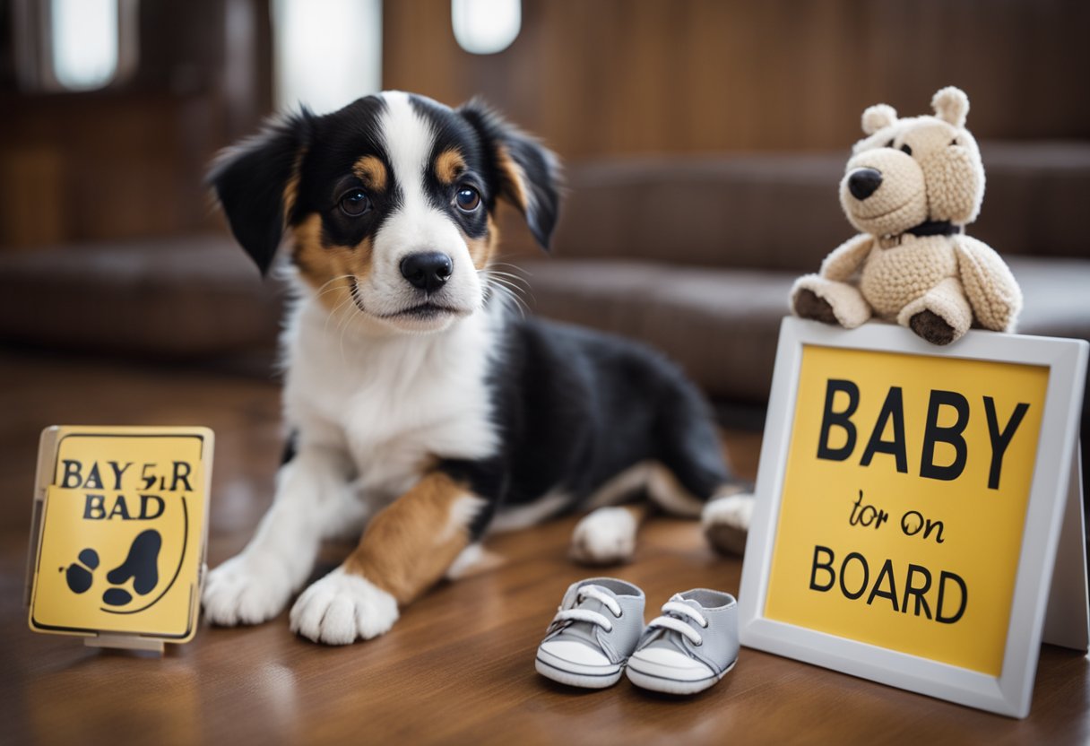 A dog holds a sonogram in its mouth, sitting beside a pair of baby shoes and a "baby on board" sign