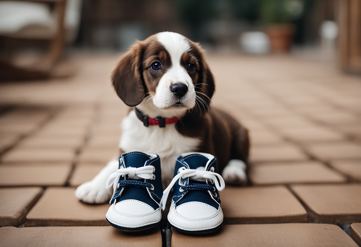 A dog sits between a pair of baby shoes, looking up with a heartwarming expression