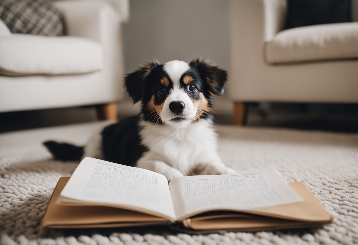 A dog sits on a cozy rug, holding a baby book in its mouth, with a heartwarming expression