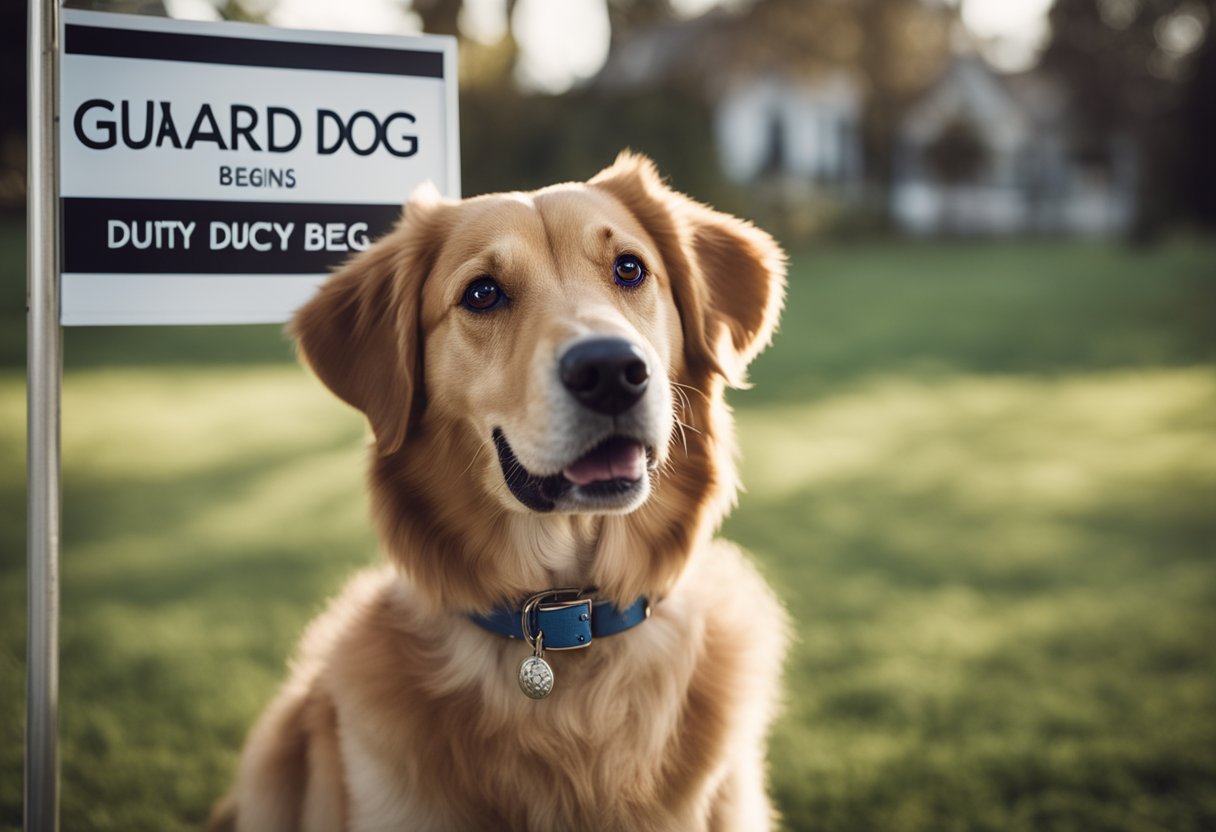 A dog stands proudly next to a sign that reads "Guard Dog Duty Begins," with a heartwarming pregnancy announcement theme