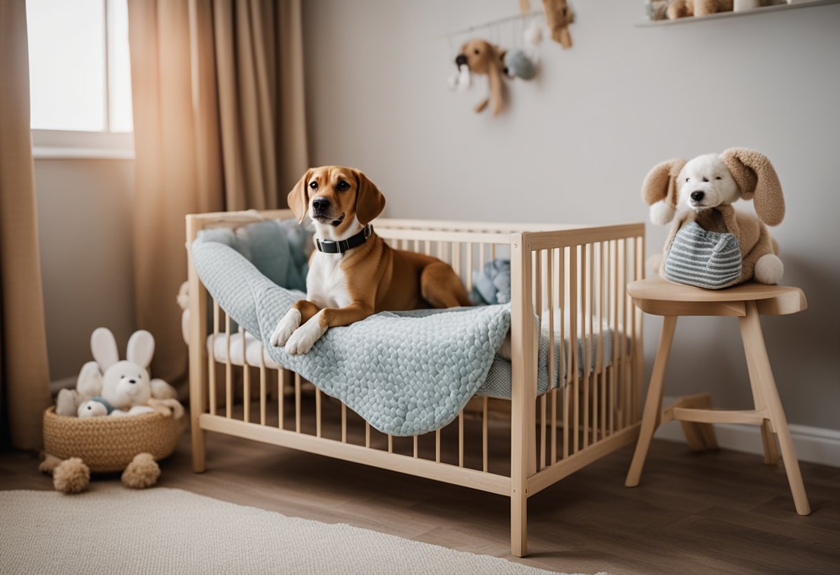 A dog sits in a cozy crib, surrounded by soft blankets and toys, posing for a heartwarming pregnancy announcement photoshoot