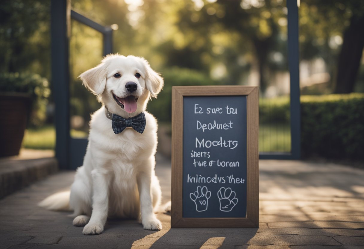 A dog holds a chalkboard sign with a witty announcement