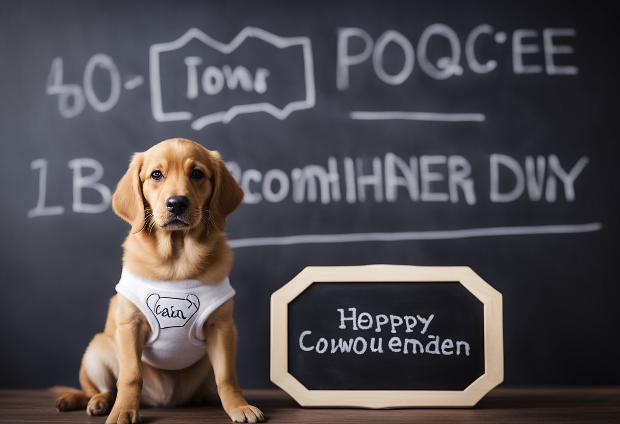 A dog wearing a baby onesie, sitting in front of a chalkboard with a pregnancy announcement written on it