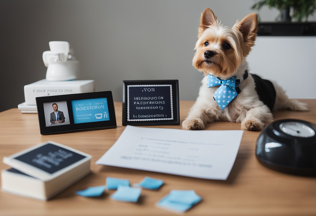 A dog wearing a necktie or bowtie with an ultrasound image displayed nearby, surrounded by heartwarming pregnancy announcement props