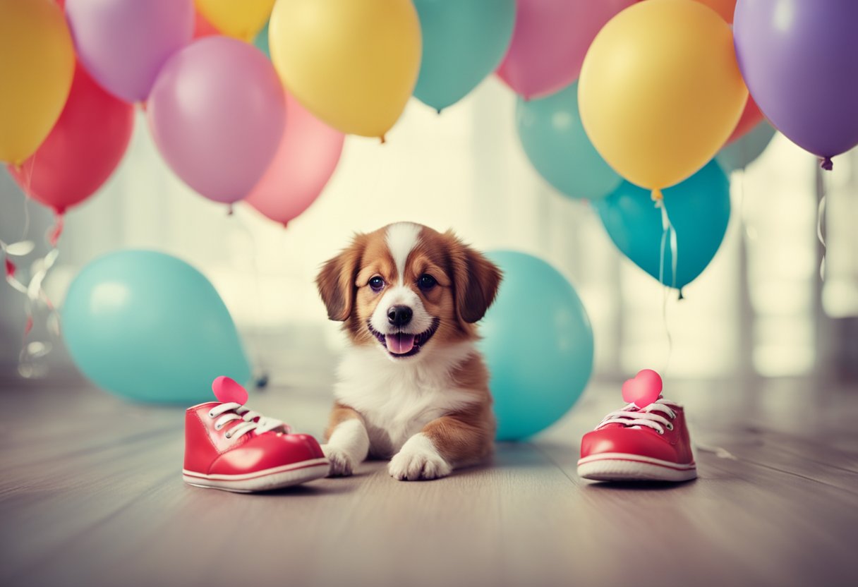 A joyful dog sitting beside a pair of tiny baby shoes, with a wagging tail and a happy expression, surrounded by heart-shaped balloons