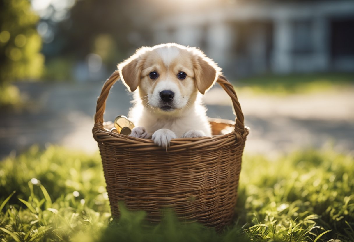 A dog carries a basket filled with baby items in its mouth, looking up with a heartwarming expression